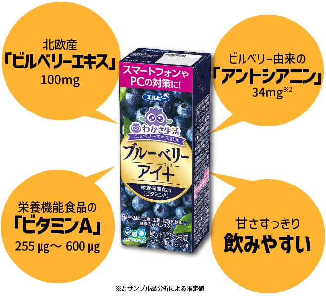 北欧産ビルベリーエキス100mg・ビルベリー由来アントシアニン34mg・栄養機能食品のビタミンA・甘さすっきり飲みやすい