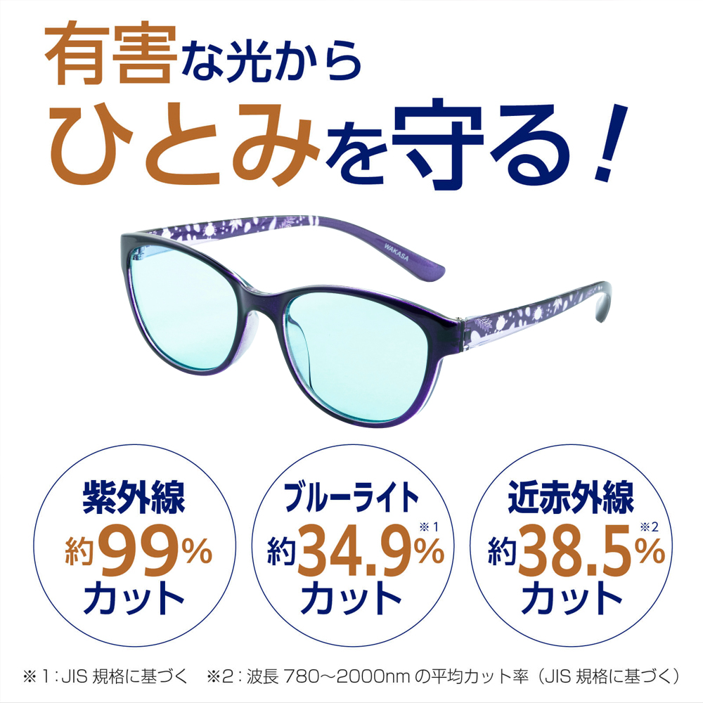 紫外線99%ブルーライト34.9%近赤外線38.5%カット　わかさ生活のサンシャインメガネ