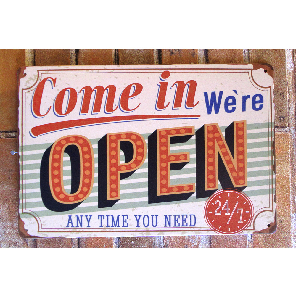 OPEN 24/7ヨコ ティンサイン  看板 ブリキ看板 インテリア ディスプレイ レトロ  アメリカン雑貨