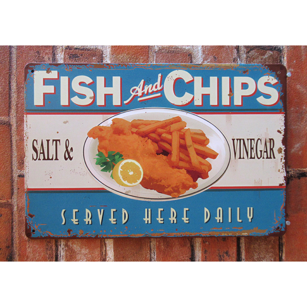Fish&Chips ヨコ ティンサイン 看板 ブリキ看板 インテリア ディスプレイ レトロ  アメリカン雑貨