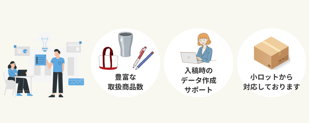 豊富な取扱商品数、入稿時のデータ作成サポート、少ロット対応