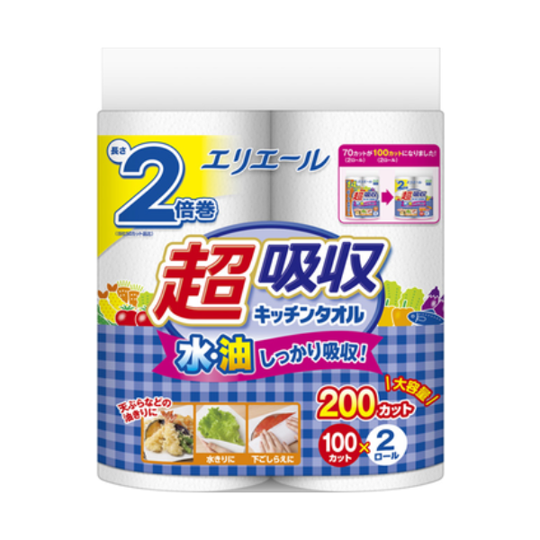 エリエール　超吸収キッチンタオル（100カット）2ロール