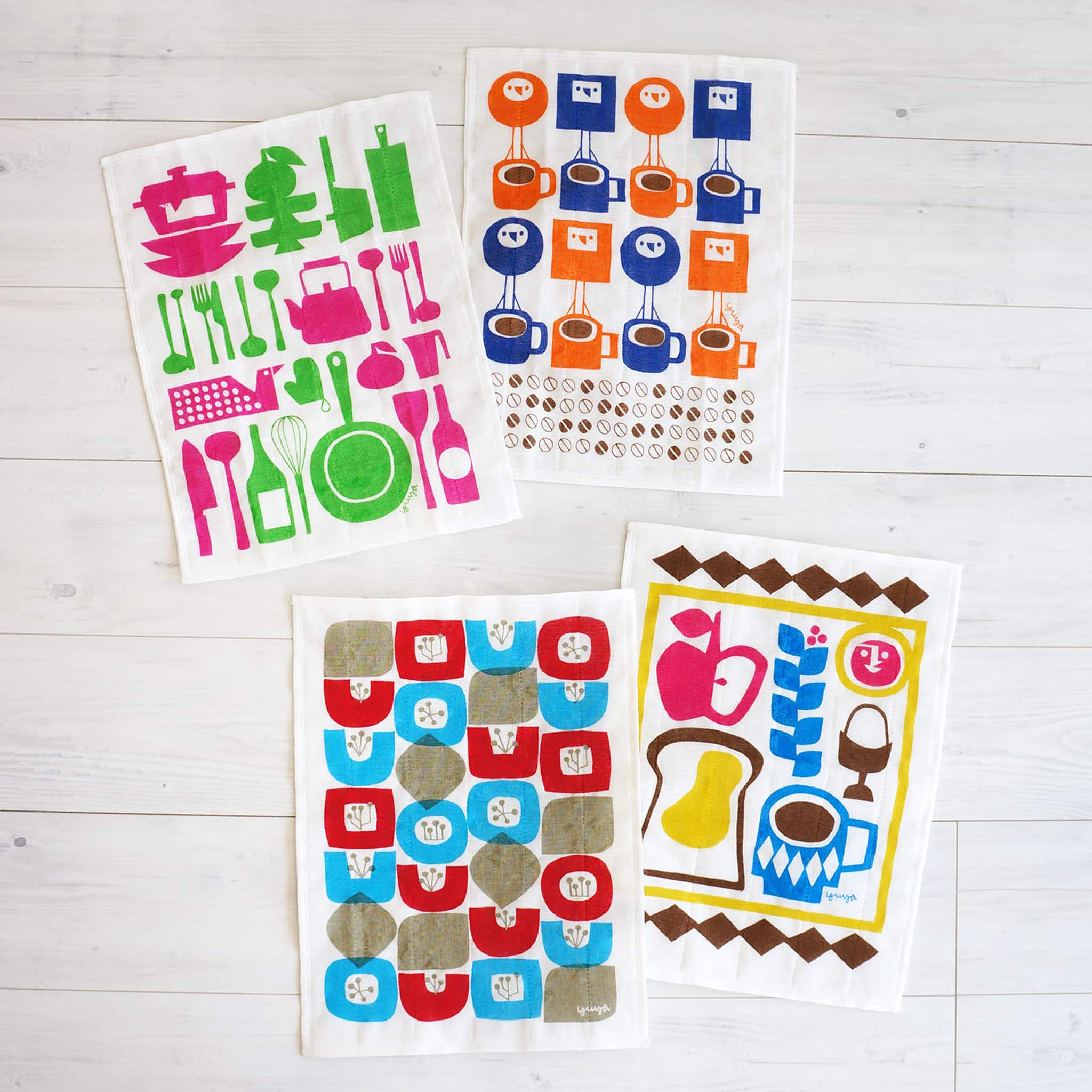 5枚合わせのかや生地ふきん（4種）