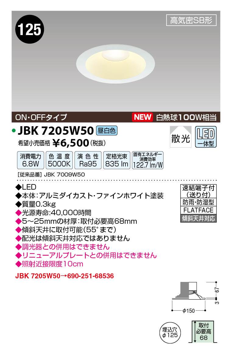 JAPPY LED LIGHTING S形ダウンライト JBK7205W50 リニューアル対応幅広タイプ ／ ON・OFF ／ 昼白色 ／ 白熱球100W相当