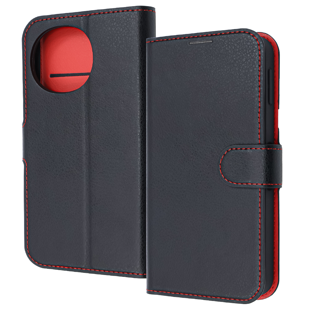 AQUOS sense9 /AQUOS sense10 / 耐衝撃 マグネットベルト シンプル 手帳型レザーケース / ブラック/レッド