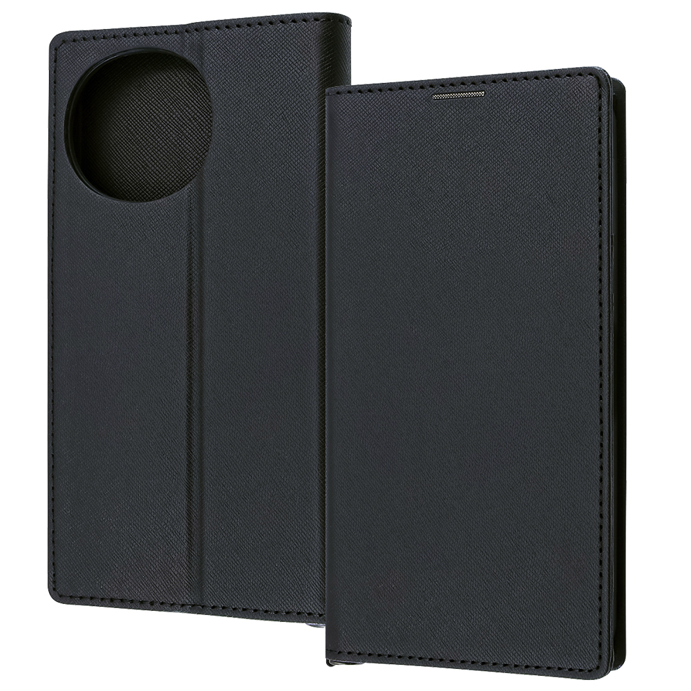 AQUOS sense9 / Durable 耐衝撃 マグネット不使用 シンプル スクエア 手帳型レザーケース / ブラック/ブラック