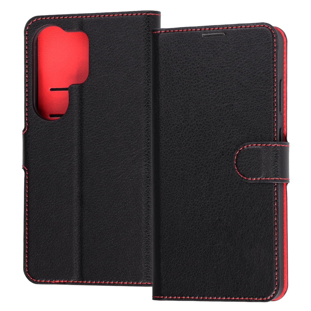 Galaxy S26 Ultra / 手帳型レザーケース シンプル マグネット / ブラック/レッド
