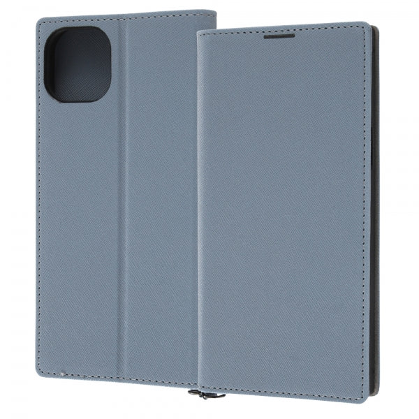 iPhone 14 Plus 耐衝撃 手帳型レザーケース KAKU Durable/ブルー/ライトグレー