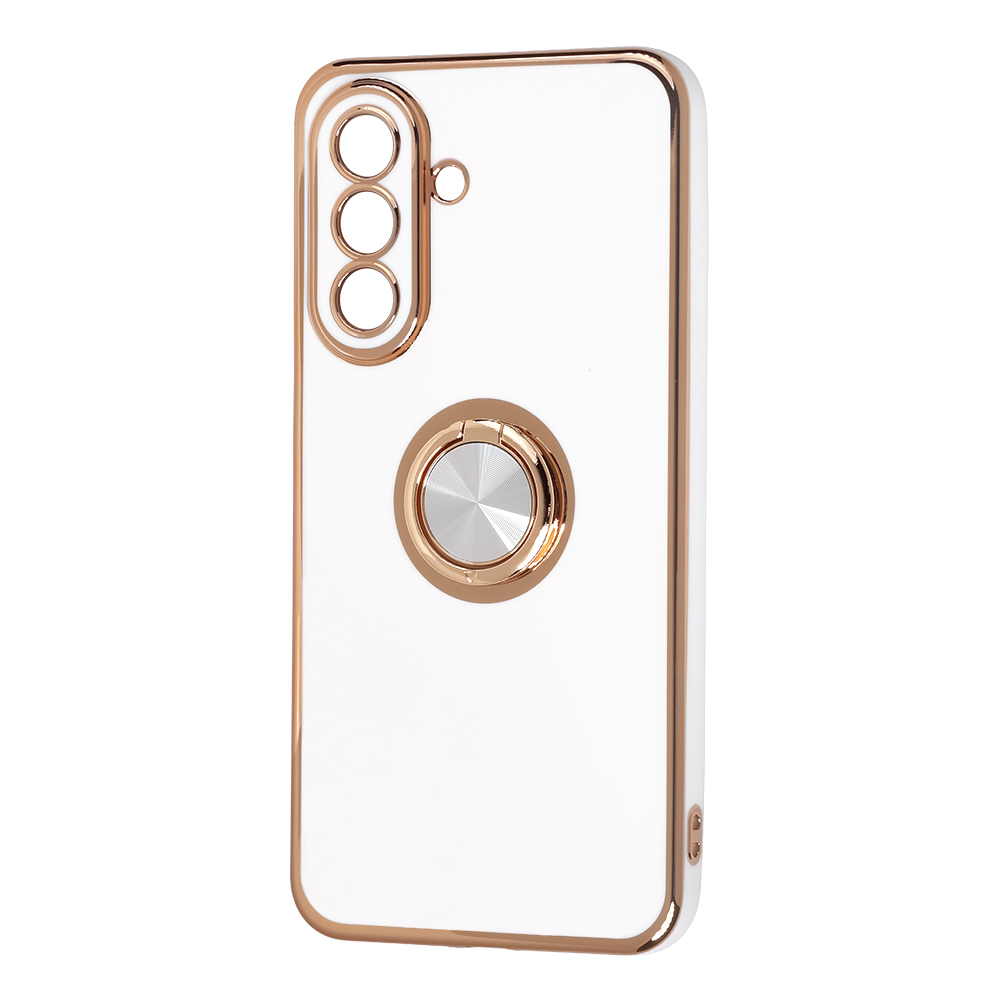 Galaxy A57 5G / ソフトケース 精密設計 フレームメッキ +リング / ホワイト/ゴールド