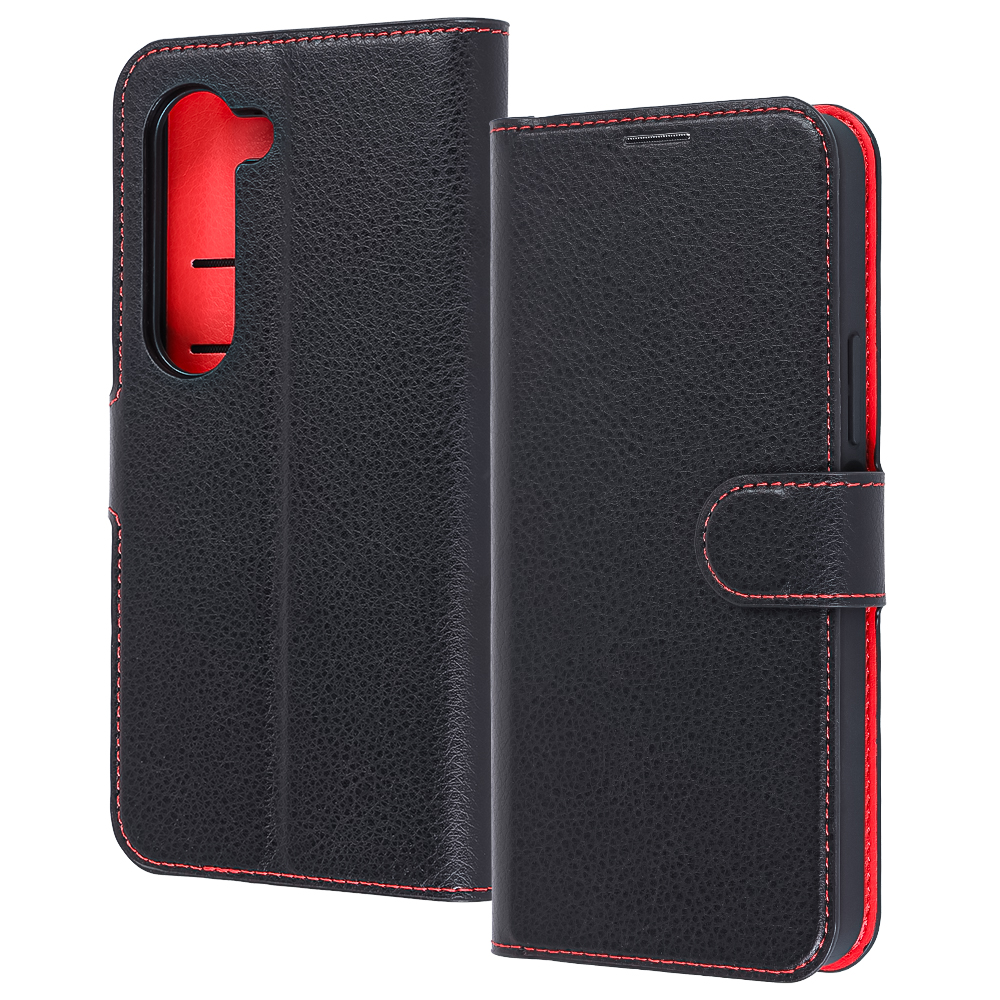 arrows Alpha / Like standard 耐衝撃 マグネットベルト シンプル 手帳型レザーケース / ブラック/レッド