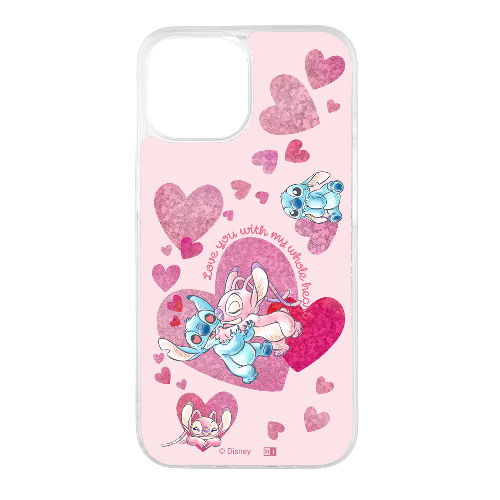 iPhone 15/14/13 / ディズニー / 衝撃吸収 バンパー 動く キラキラ ラメ グリッターケース / スティッチとエンジェル_ハート