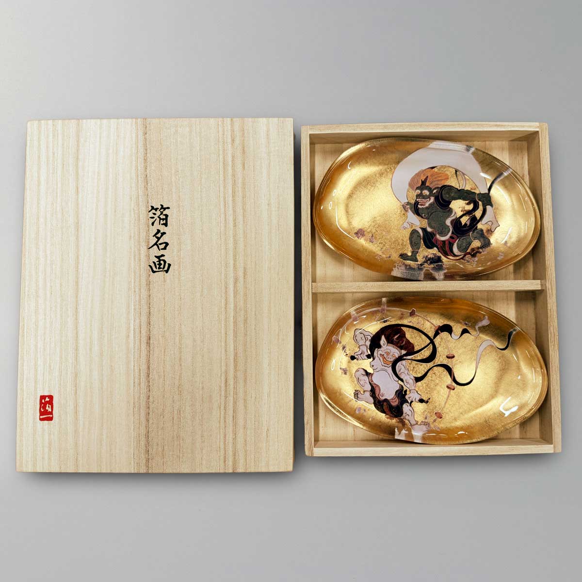 箔名画　ガラストレー　風神雷神・対(金)