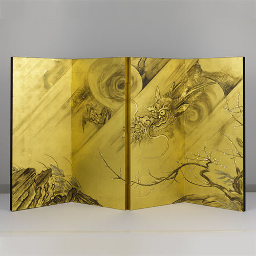 四曲小屏風　雲龍図（金）