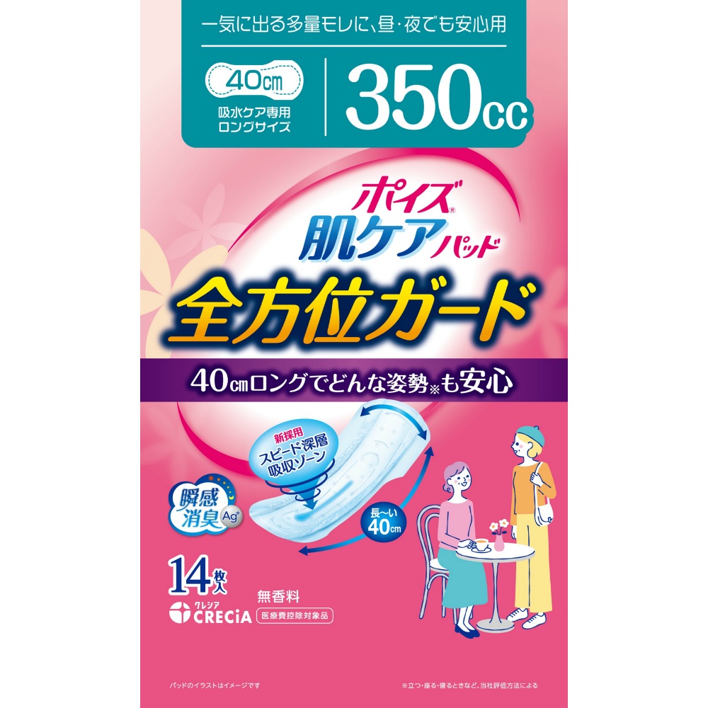 ポイズ肌ケアパッド全方位ガード一気に出る多量モレに、昼・夜でも安心用３５０ＣＣ