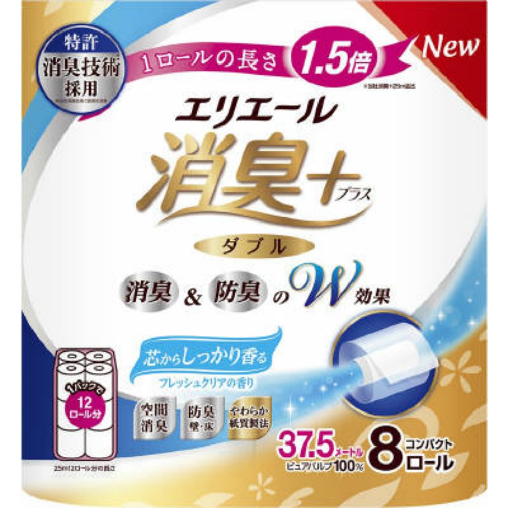 エリエール　消臭＋トイレットティシュー　芯からしっかり香るフレッシュクリアの香り　コンパクト８Ｒ（ダブル）