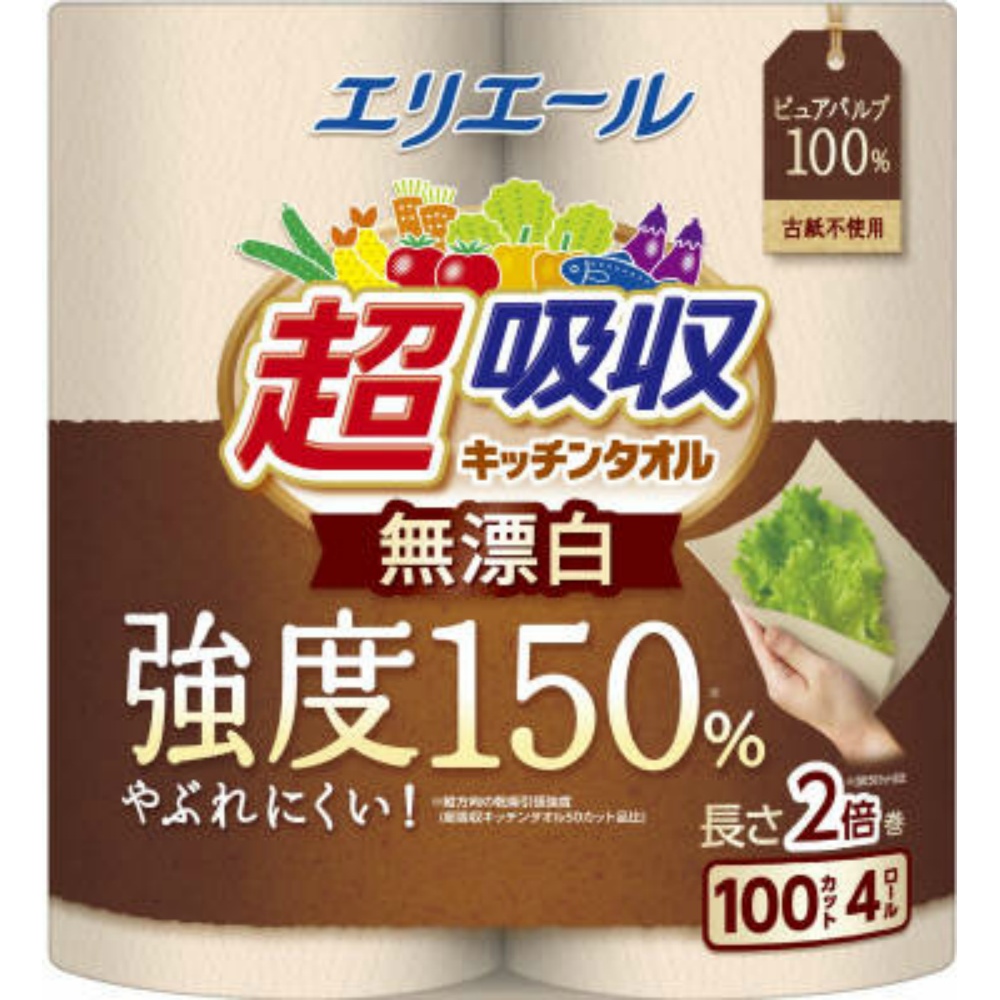エリエール超吸収キッチンタオル無漂白４Ｒ（１００カット）