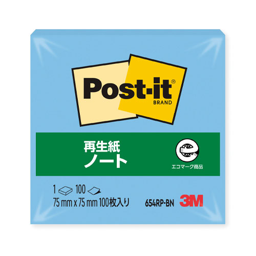 スリーエム　６５４ＲＰ－ＢＮ　ポストイット再生紙ノート　ブルー