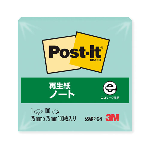 スリーエム　６５４ＲＰ－ＧＮ　ポストイット再生紙ノート　グリーン