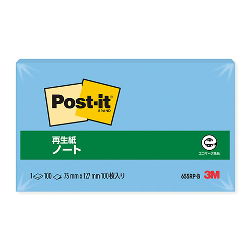 スリーエム　６５５ＲＰ－Ｂ　ポストイット　再生紙ノート　ブルー