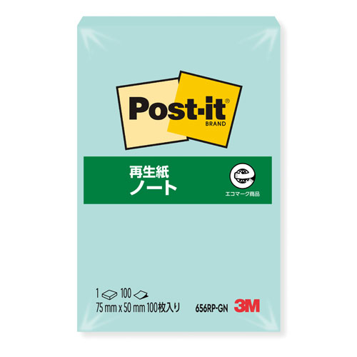 スリーエム　６５６ＲＰ－ＧＮ　ポストイット再生紙ノート　グリーン