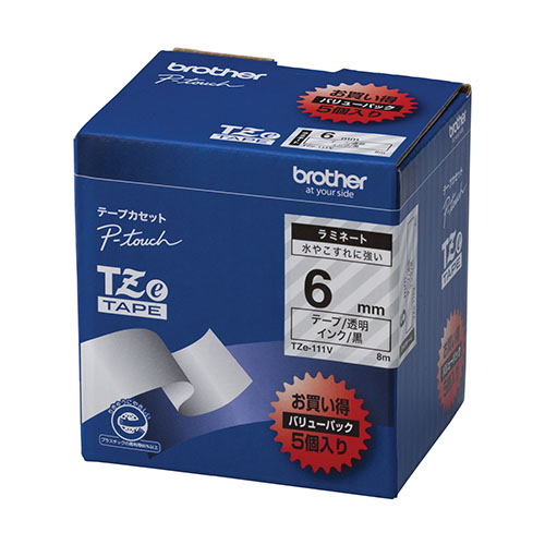 ブラザー　ＴＺＥ－１１１Ｖ　ピータッチテープ　６ｍｍ透明／黒　５個入