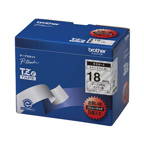ブラザー　ＴＺＥ－１４１Ｖ　ピータッチテープ１８ｍｍ透明／黒　５個入