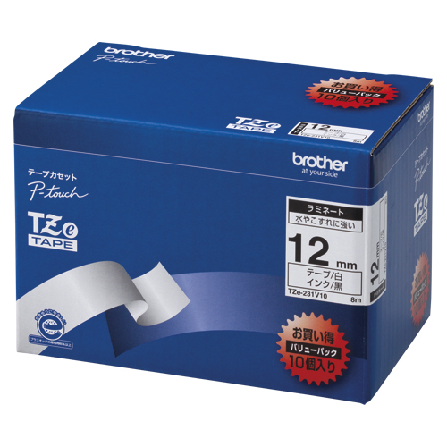 ブラザー　ＴＺＥ－２３１Ｖ１０　ピータッチテープ１２ｍｍ白／黒１０個入
