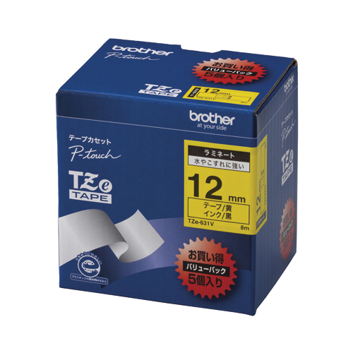 ブラザー　ＴＺＥ－６３１Ｖ　ピータッチテープ１２ｍｍ黄／黒　５個入