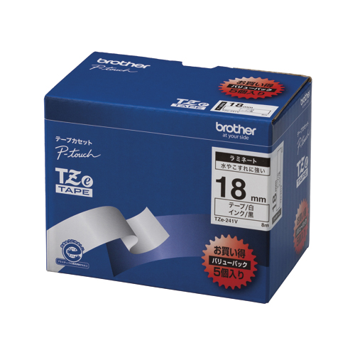 ブラザー　ＴＺＥ－２４１Ｖ　ピータッチテープ１８ｍｍ白／黒　５個入