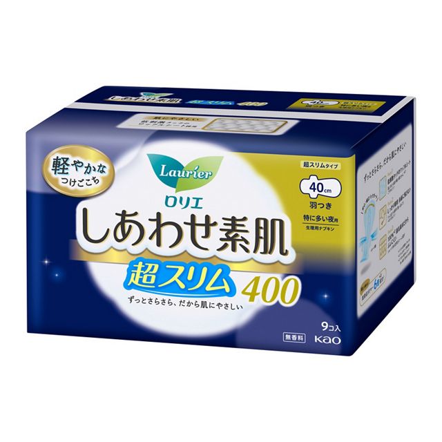 ロリエしあわせ素肌　通気超スリム４００特に多い夜用羽つき９コ