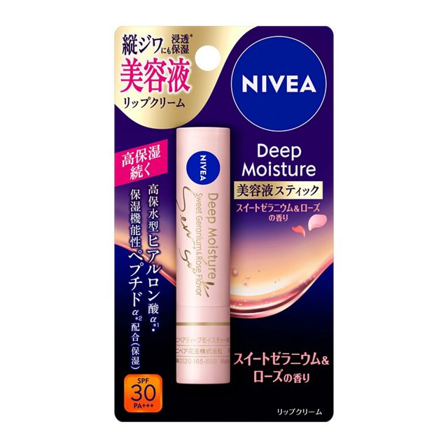 ニベア　ディープモイスチャーリップ　美容液スティック　スイートゼラニウム＆ローズの香り