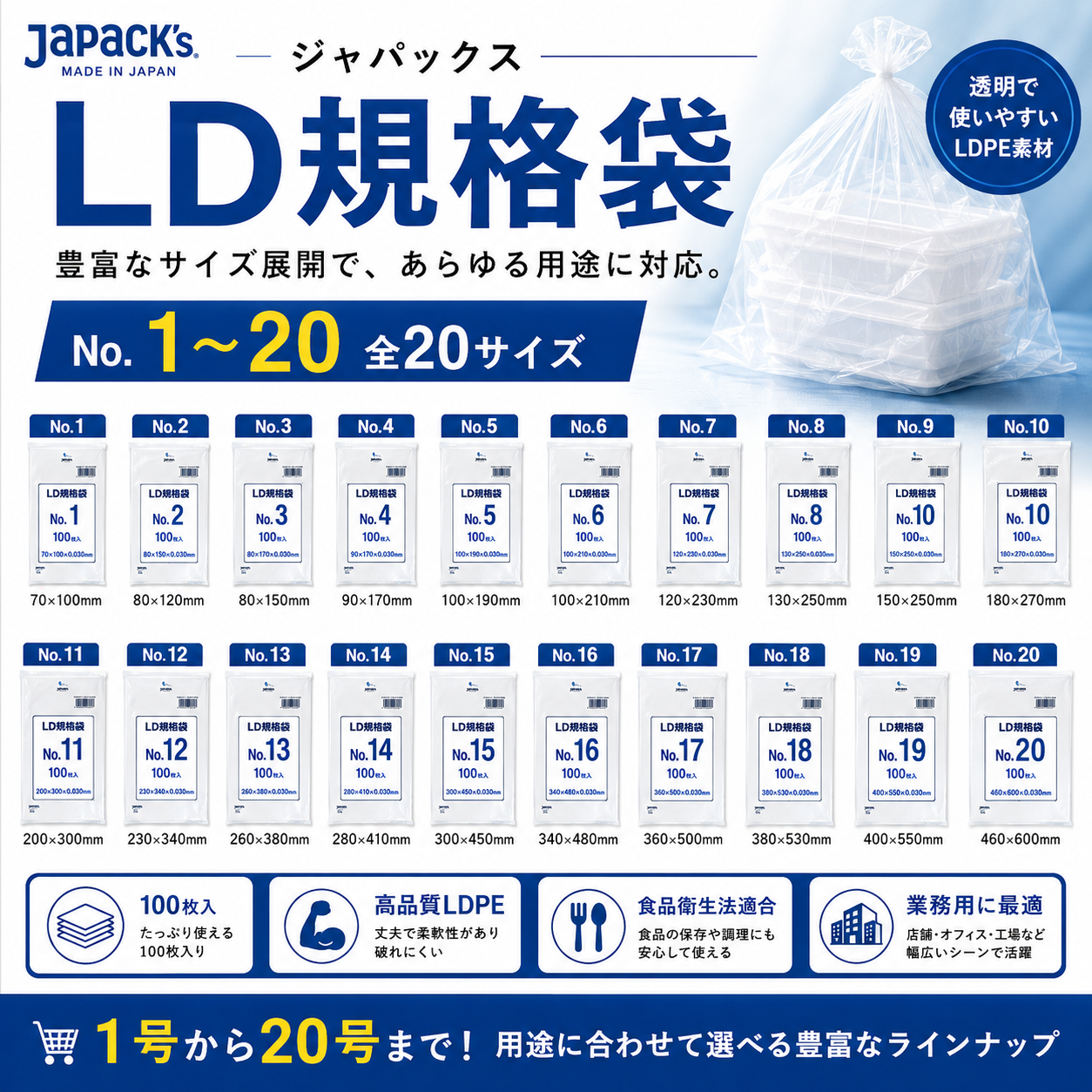 ［ケース］ＬＤ規格袋　No.1　0.03ｍｍ　～　No.20　0.03ｍｍ