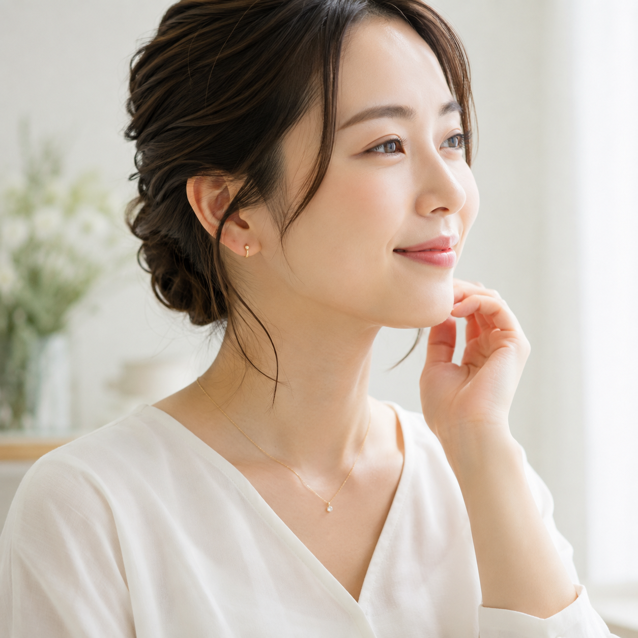 アクセサリーを着用する女性