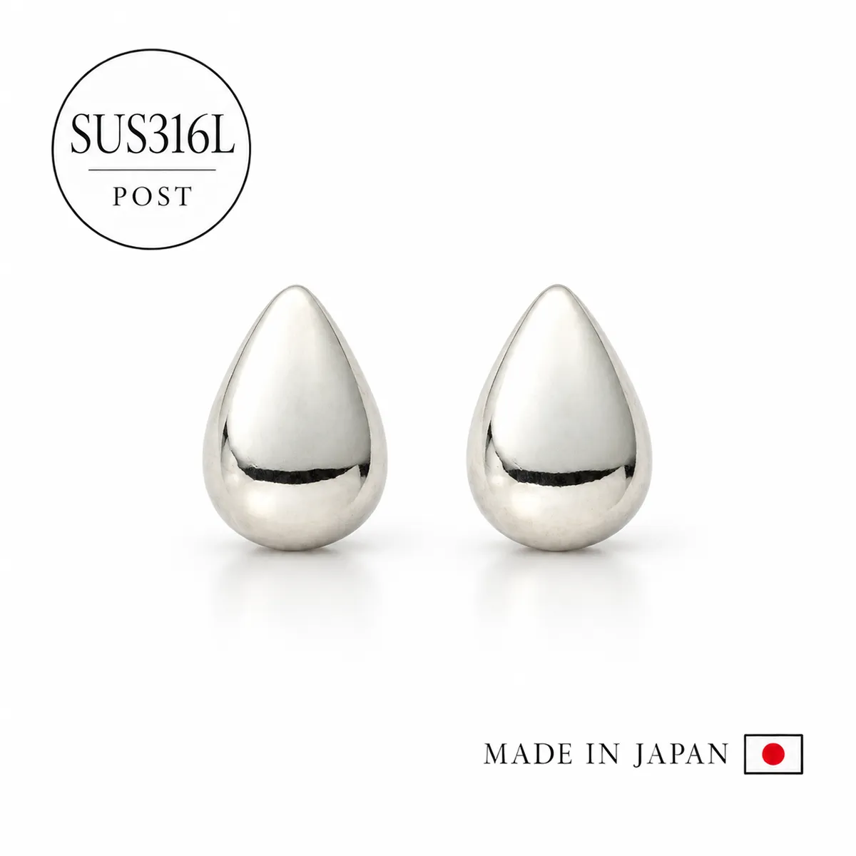 日本製 316L刻印入りステンレスポストピアス ぷっくりドロップ（SUS316L）［ST6］