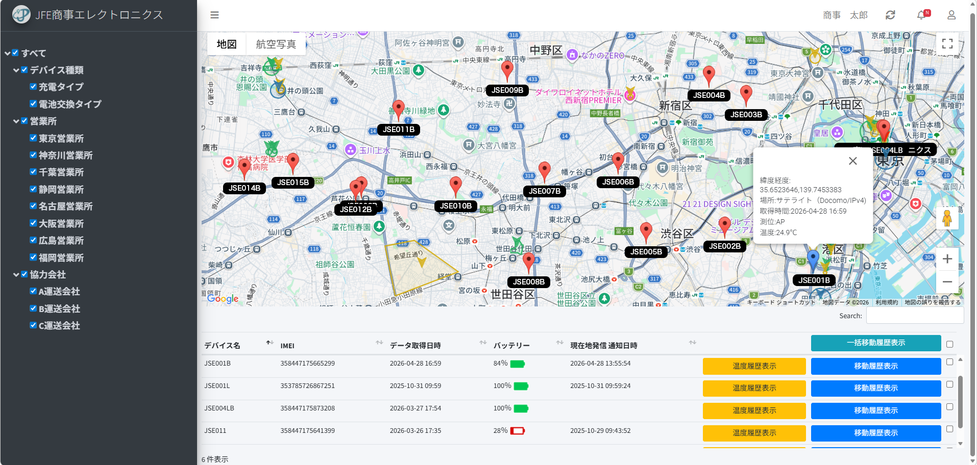 Jiot管理画面 - 車両の現在位置をリアルタイムに地図上で一括管理