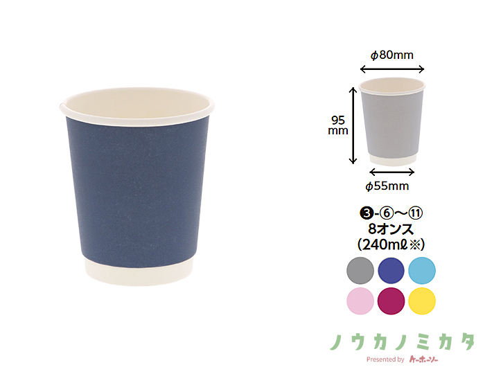 紙コップ 二重断熱カップ 8オンス 口径80mm ネイビー無地