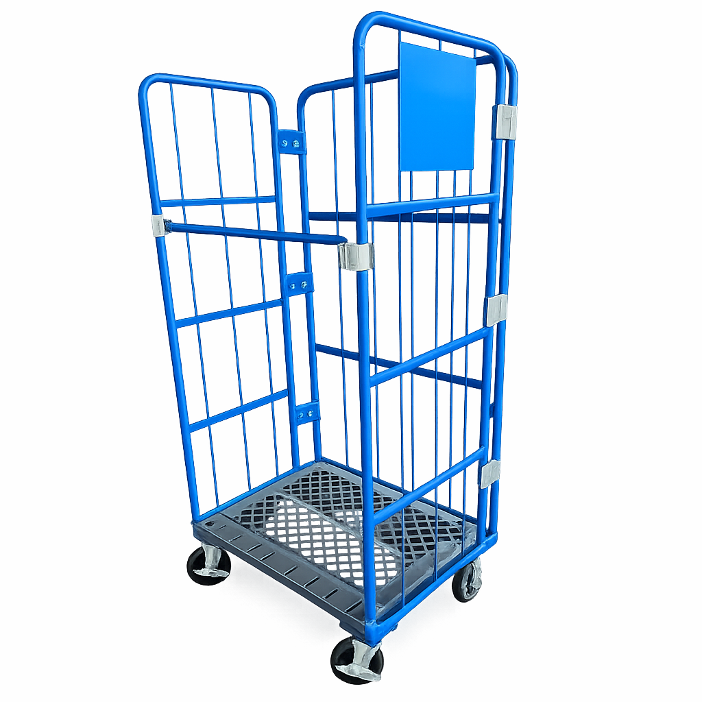 新品 カゴ台車 ロールボックスパレット(樹脂底板) W850×D650×H1700mm ブルー