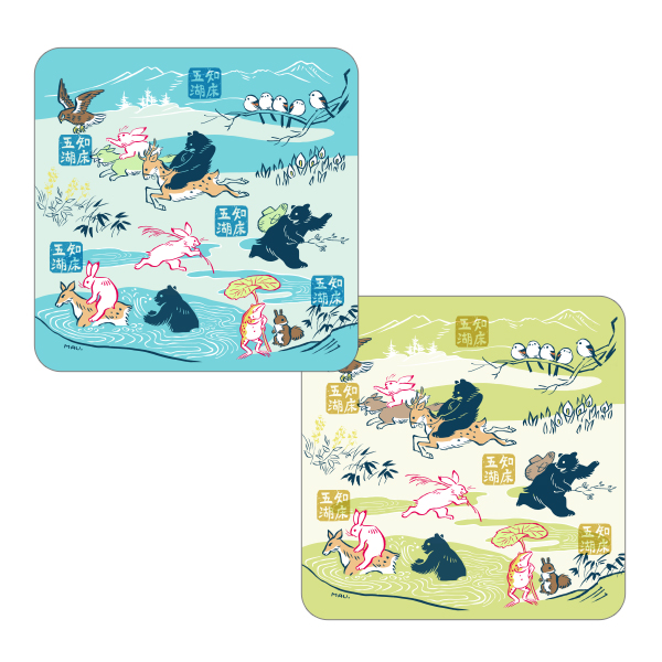 北海道知床鳥獣戯画【知床限定】ガーゼパイルハンカチ　知床五湖