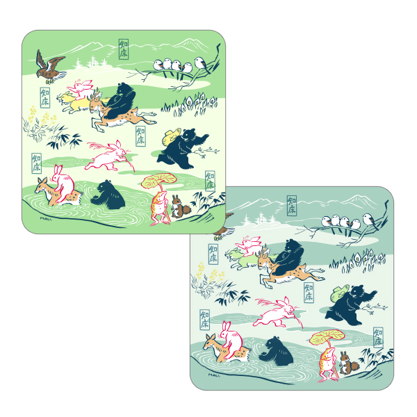 北海道知床鳥獣戯画【知床限定】ガーゼパイルハンカチ　知床