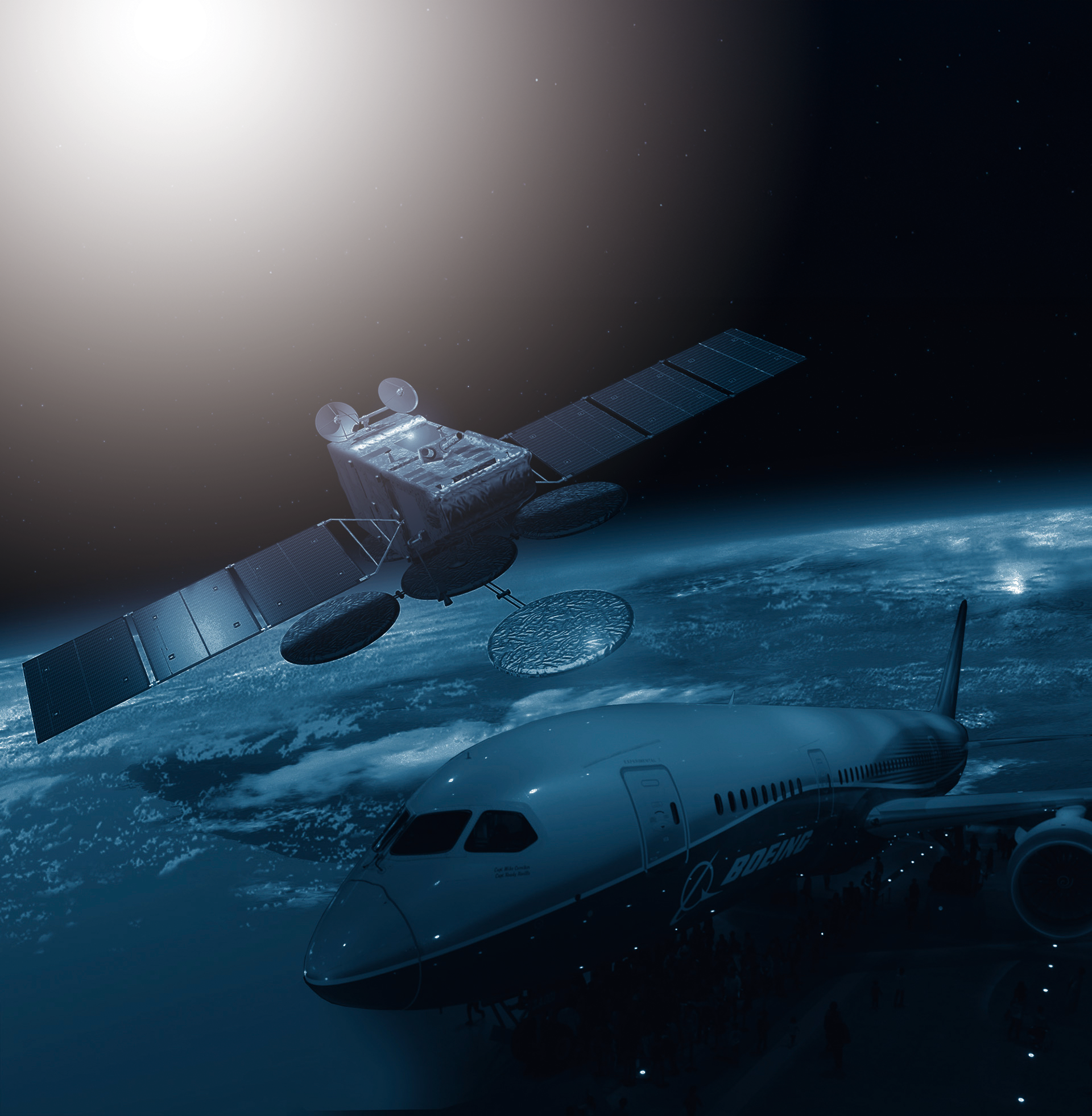 地球周回軌道上を飛行する人工衛星と航空機