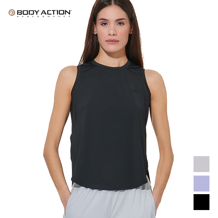 BODY ACTION  ボディアクション ノースリーブ 通気性 ストレッチ サイドスリット ラウンドヘム ブラック Sサイズ