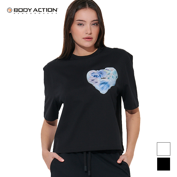 BODY ACTION ボディアクション Tシャツ 半袖 グラフィック ゆったり クロップ丈  レディース ブラック ホワイト Sサイズ
