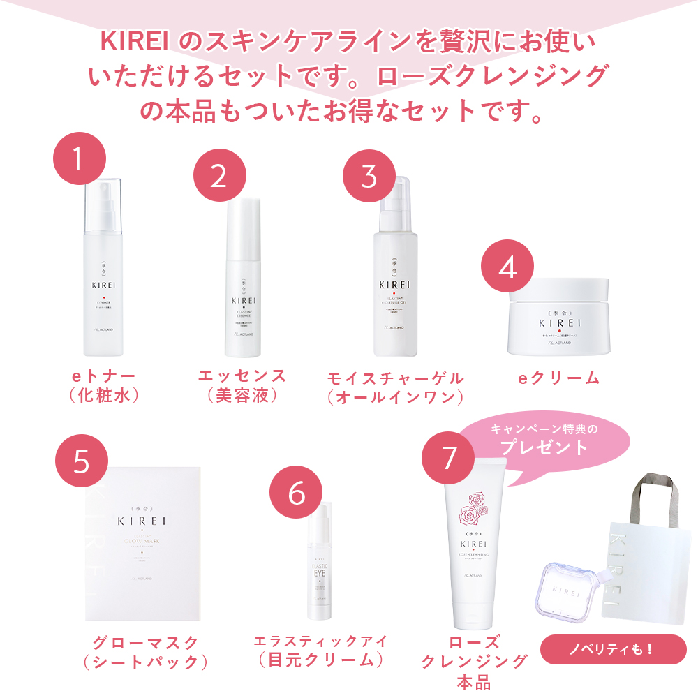 KIREI 季令 母の日キャンペーン 2026「エラスチン美容パーフェクトセット」 eトナー・エッセンス・モイスチャーゲル eクリーム・グローマスク・エラステックアイ＋季令ローズクレンジング本品・オリジナルサプリケース・KIREIショッピングバッグをプレゼント！ ACTLAND