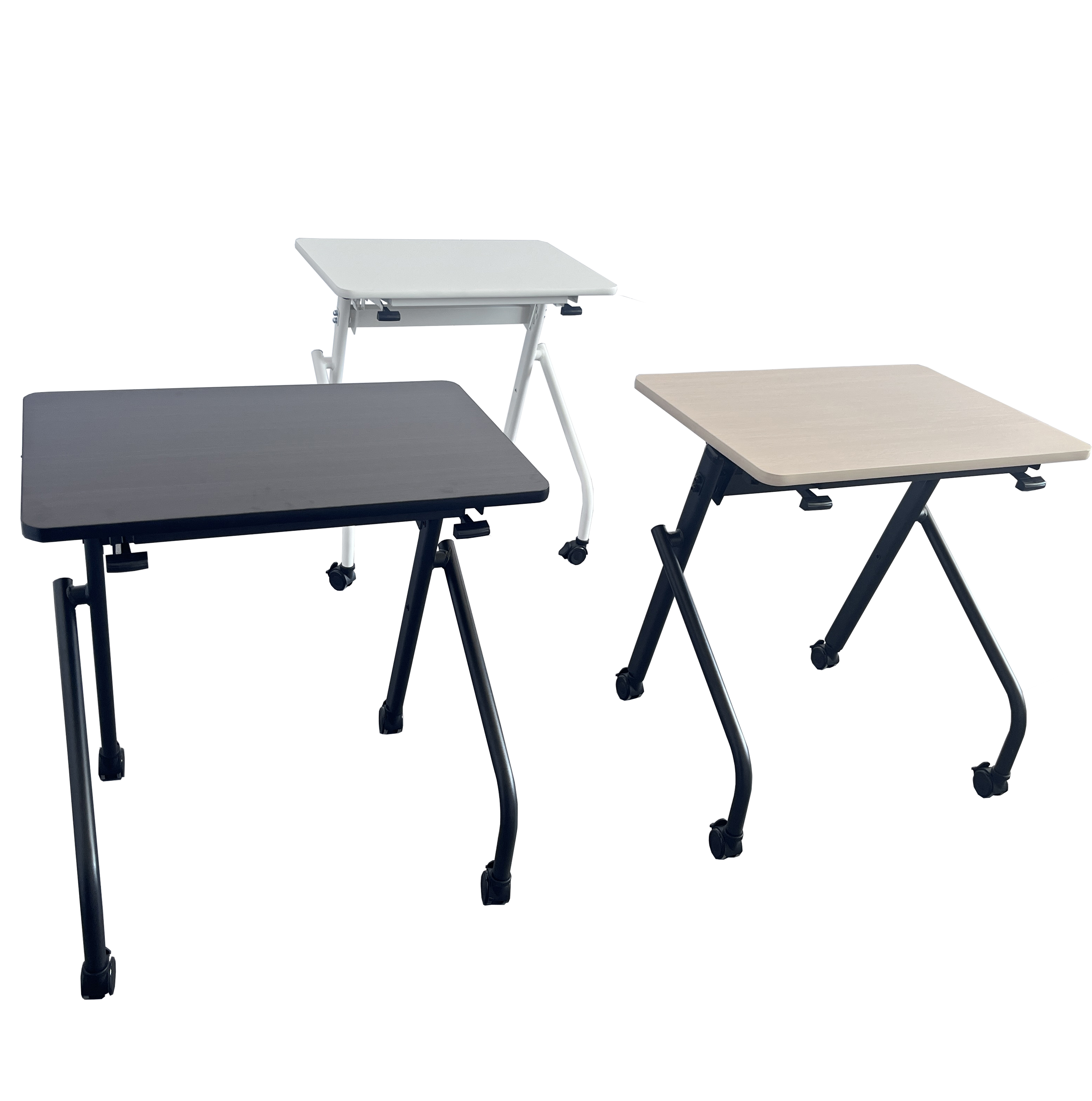 人間工学高さ設計｜跳ね上げリバーシブル会議テーブル｜静音移動 × スタッキング式