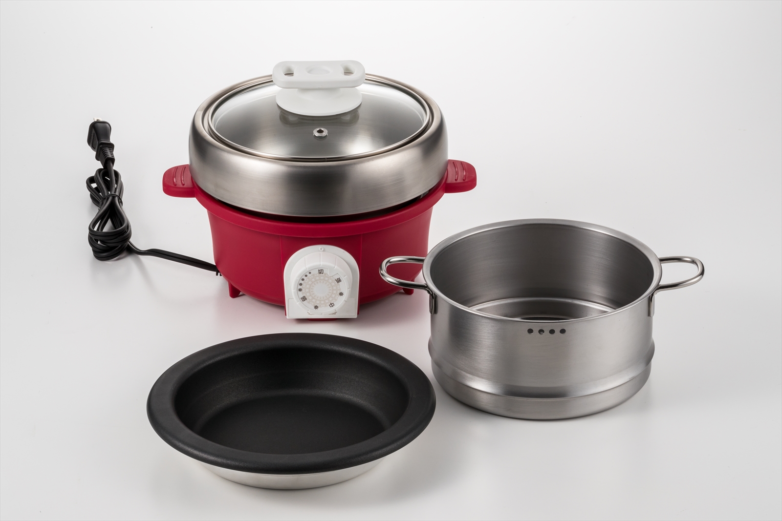 プチ・プレジール　電気ミニグリル鍋　セイロ付　レッド