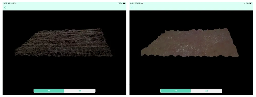 毛穴やシワをメッシュや3Dで表示。ワンタップで切替可能