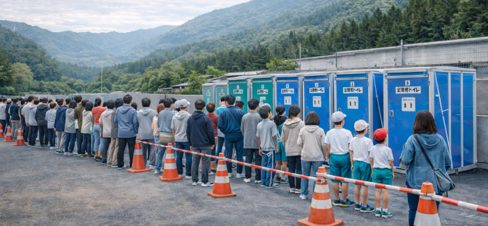 断水でトイレに行列する人々