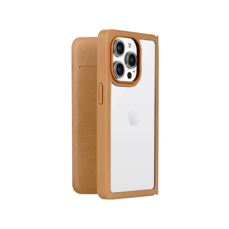 iPhone 14 Pro 軽量・背面クリアフラップケース 「Amake」 キャメル