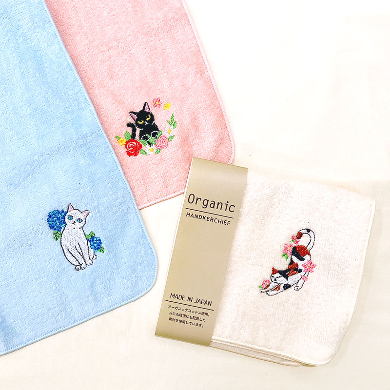 刺繍ｵｰｶﾞﾆｯｸｺｯﾄﾝﾀｵﾙﾊﾝｶﾁ 猫