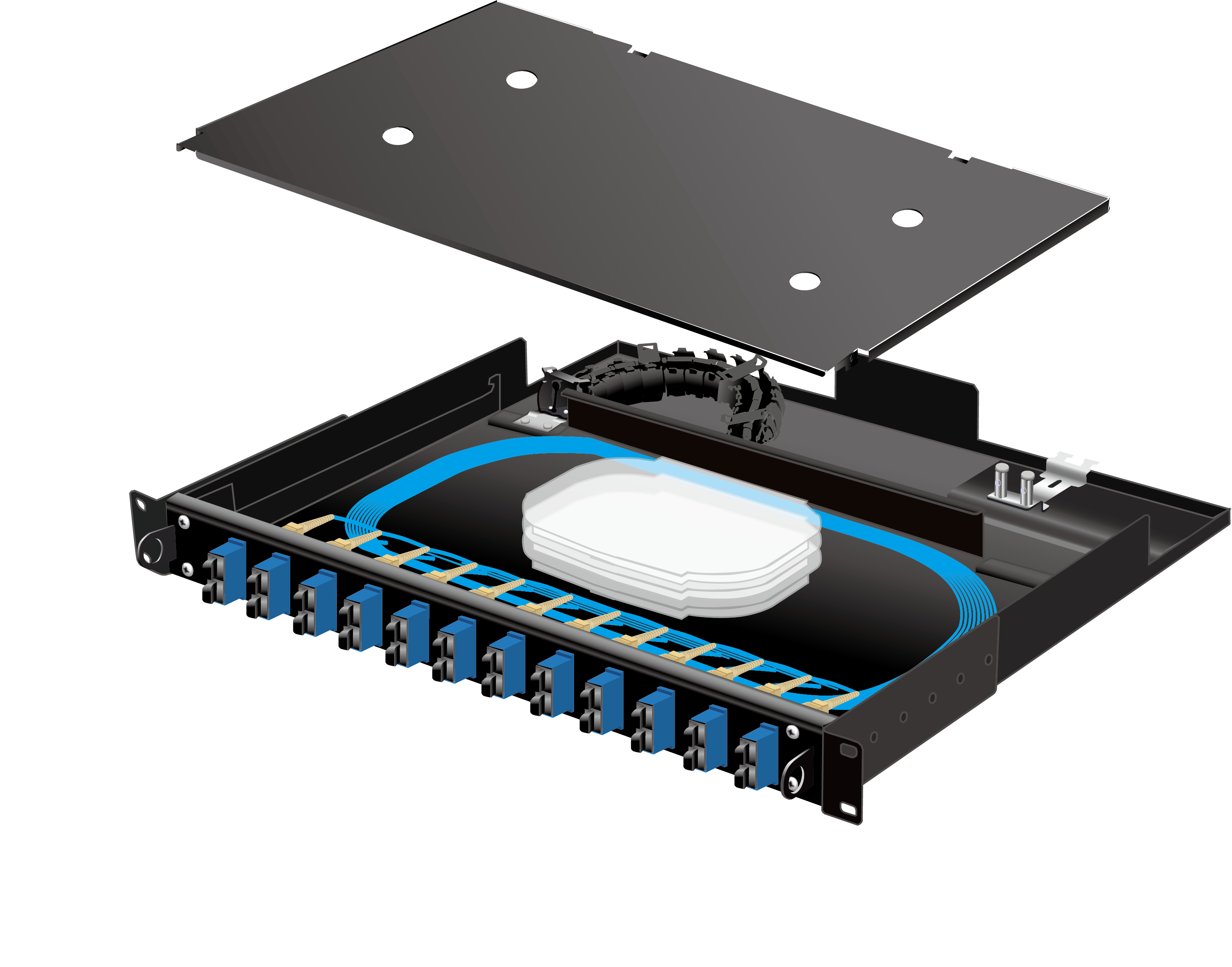 19"光スプライスボックス スライド式(1U),12・24ポートSC接続(4芯テープ)SMプレ配線